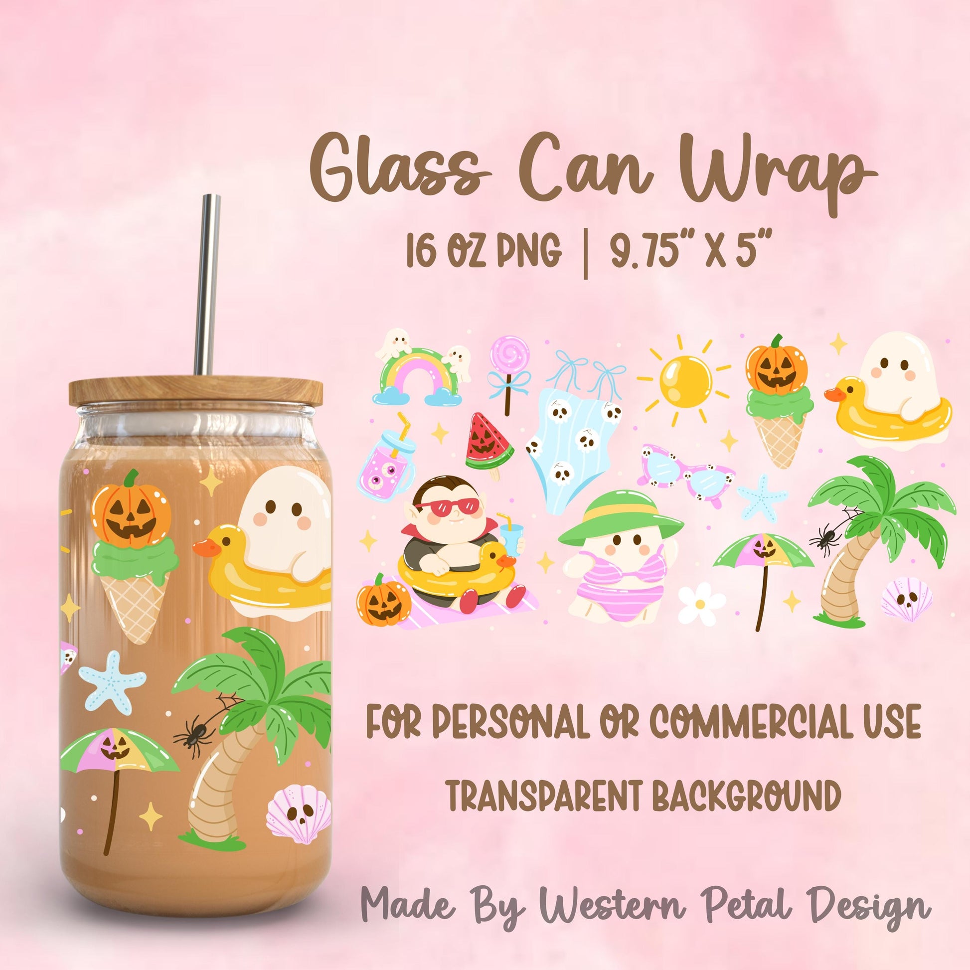 Cute spooky summer glass can wrap PNG featuring ghosts, pumpkins, vampire pool float, beach umbrella, palm tree, and Halloween summer elements for a 16oz Libbey glass can.