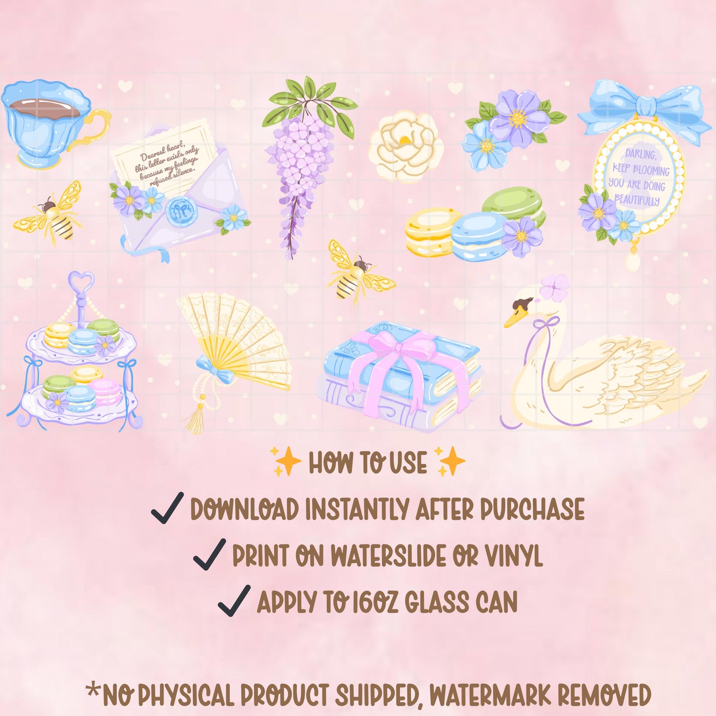 Coquette Tea Party Glass Can Wrap PNG, Cottagecore Swan Macaron Tumbler Design (Digital Download)