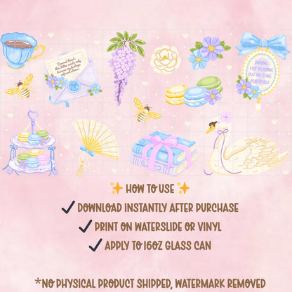 Coquette Tea Party Glass Can Wrap PNG, Cottagecore Swan Macaron Tumbler Design (Digital Download)