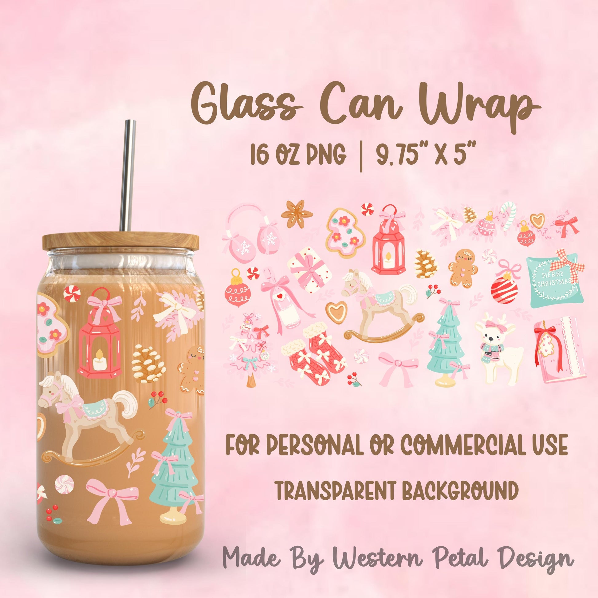 Pastel coquette Christmas glass can wrap PNG featuring rocking horse, gingerbread cookies, ornaments, bows, mittens, deer, Christmas tree, and holiday sweets for a 16oz Libbey glass can.