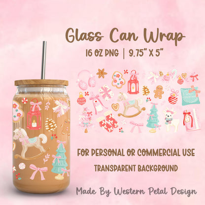 Pastel coquette Christmas glass can wrap PNG featuring rocking horse, gingerbread cookies, ornaments, bows, mittens, deer, Christmas tree, and holiday sweets for a 16oz Libbey glass can.