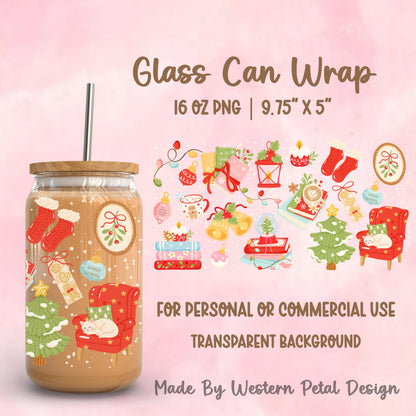 Cozy Christmas glass can wrap PNG featuring books, coffee cup, lantern, Christmas tree, stockings, snow globe, ornaments, and reading chair for a 16oz Libbey glass can.