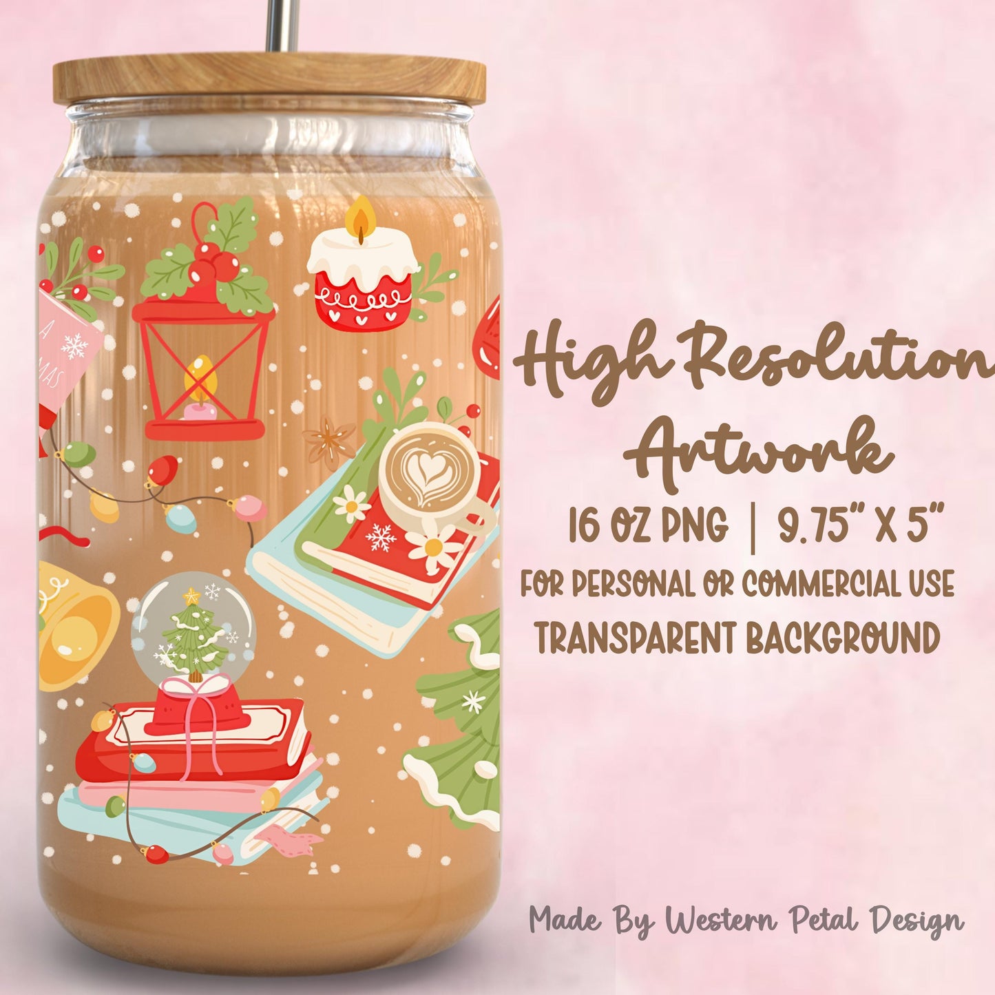 Cozy Christmas Reading Glass Can Wrap PNG (16oz), Bookish Winter Tumbler Design
