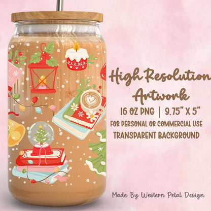 Cozy Christmas Reading Glass Can Wrap PNG (16oz), Bookish Winter Tumbler Design