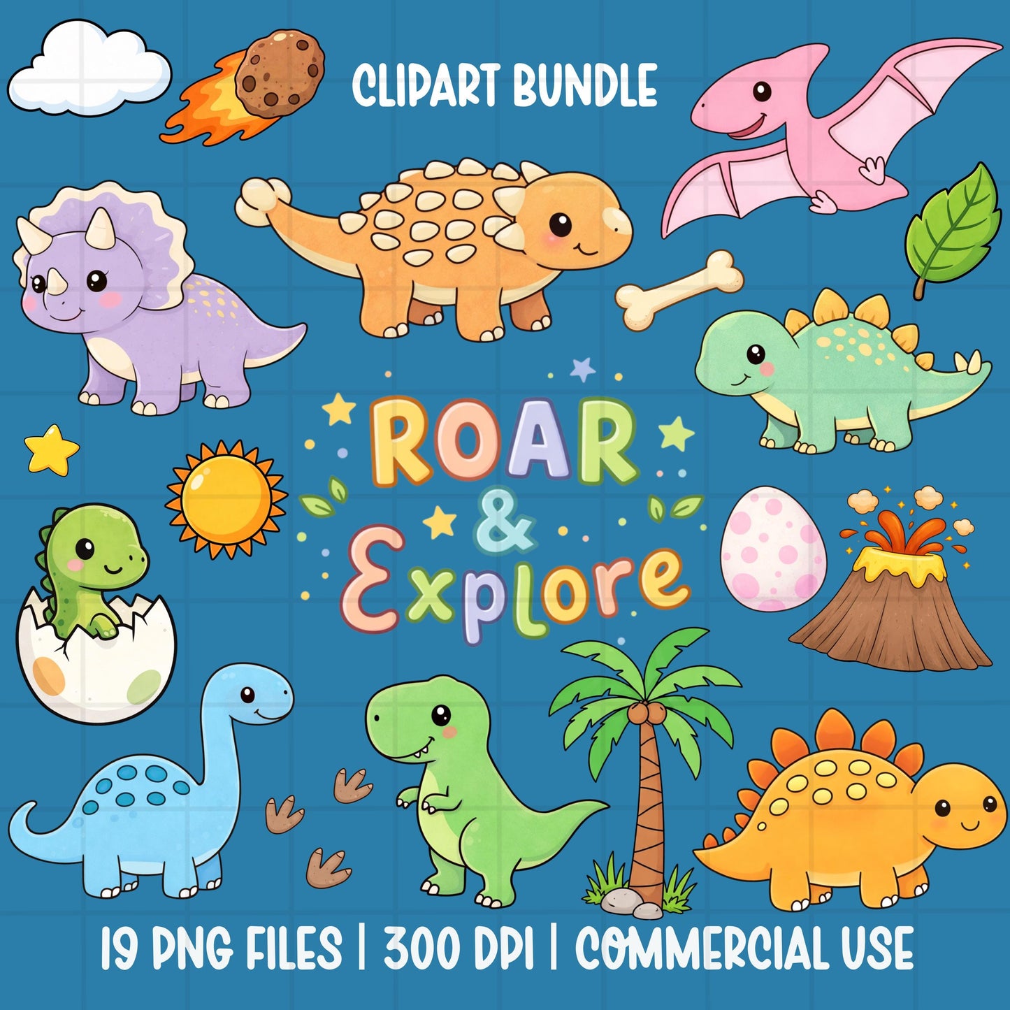 cute dinosaur clipart bundle png kids dino set triceratops stegosaurus trex pterodactyl volcano egg palm tree roar explore