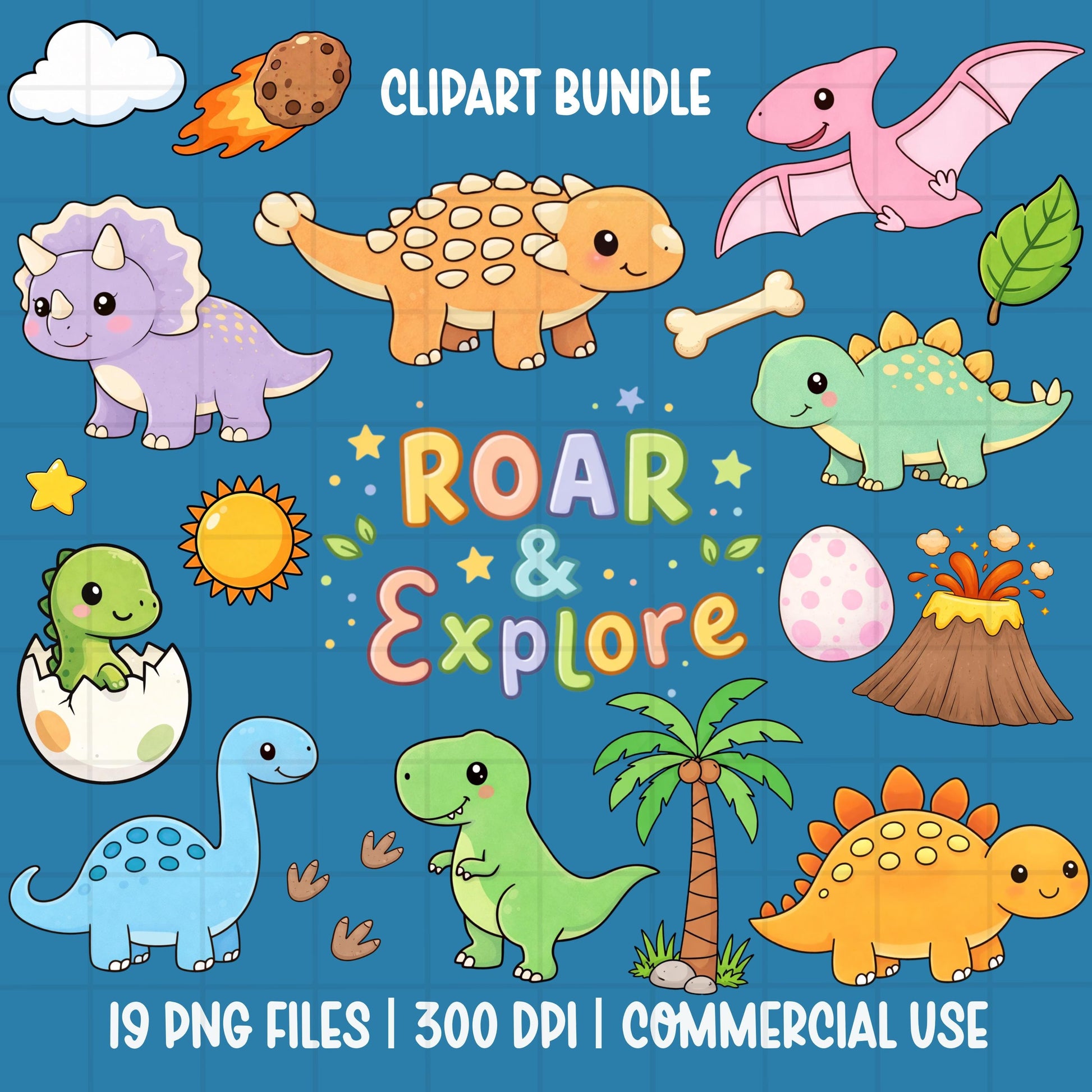 cute dinosaur clipart bundle png kids dino set triceratops stegosaurus trex pterodactyl volcano egg palm tree roar explore