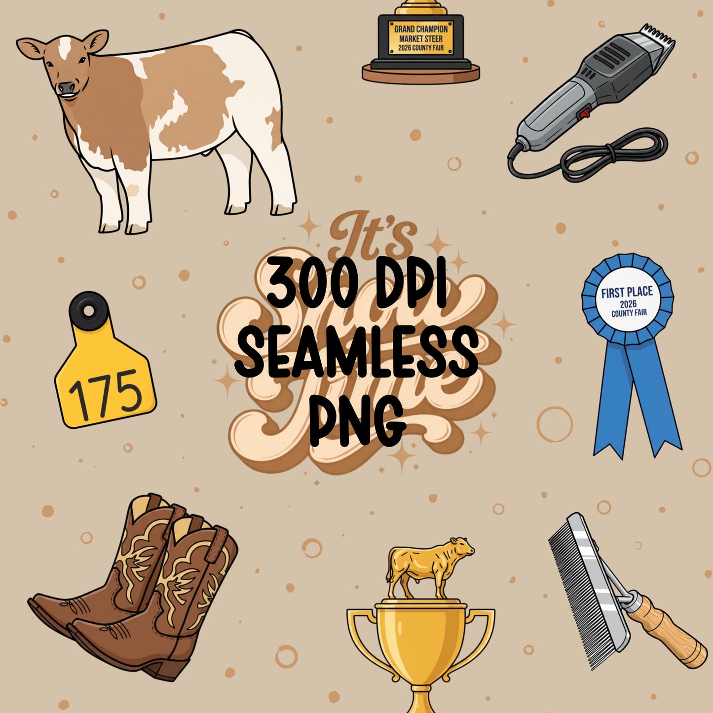 Show Cattle Seamless Pattern PNG, Livestock Fair Pattern, It’s Show Time Western Design, 4H Cow Print, County Fair Digital Paper 12x12