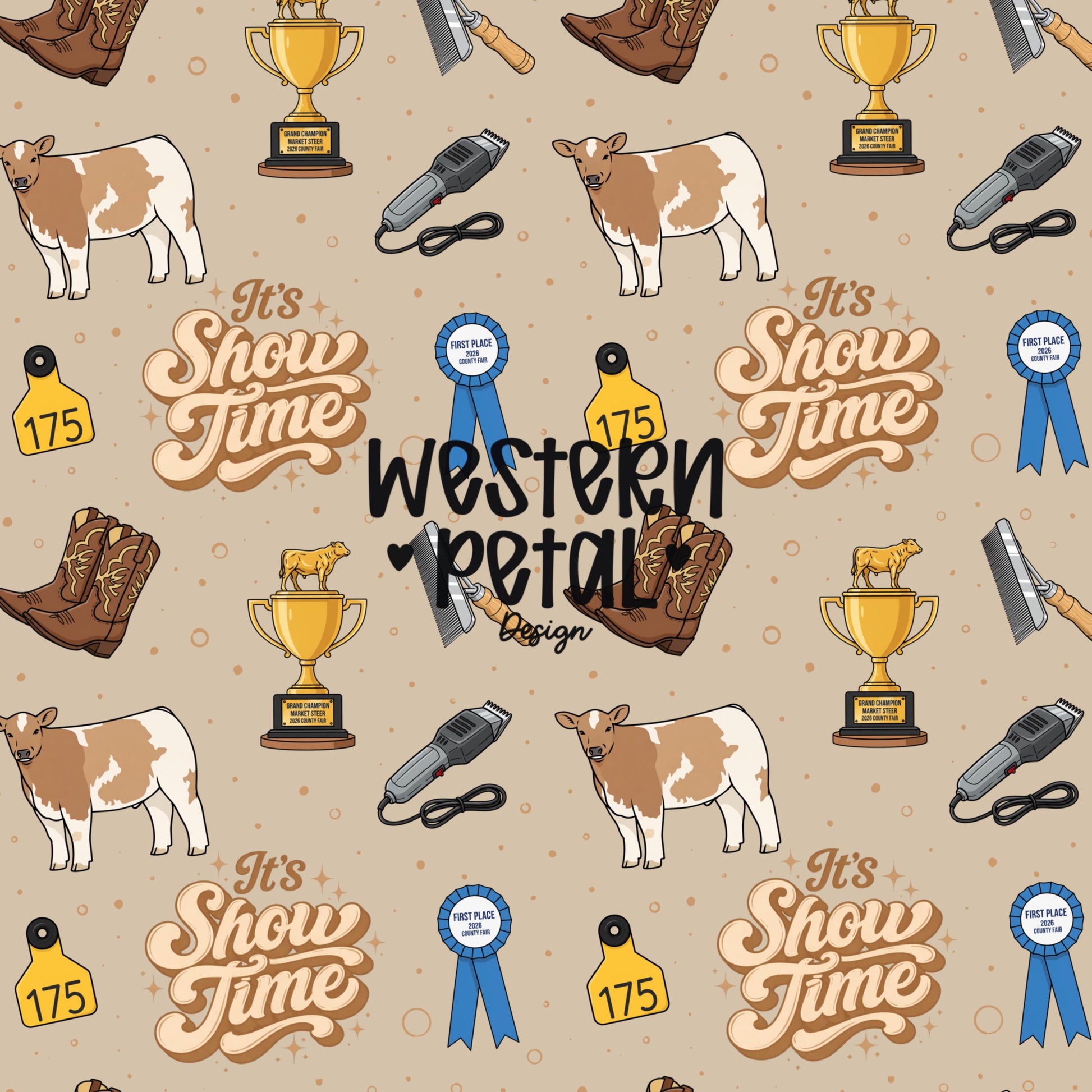 show cattle seamless pattern with cows boots ribbons clippers and trophy