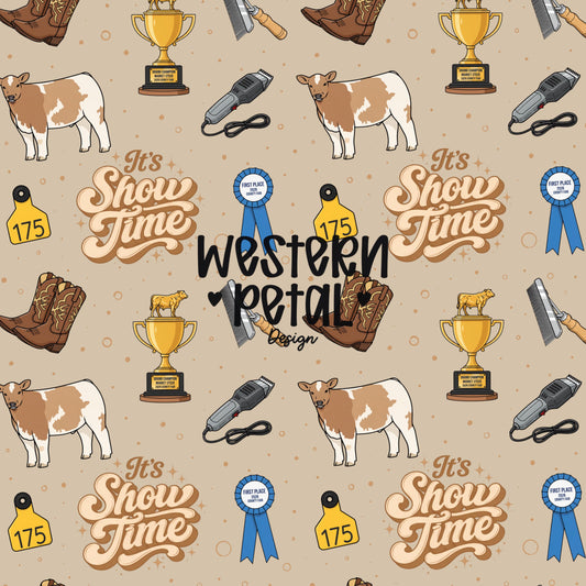 show cattle seamless pattern with cows boots ribbons clippers and trophy