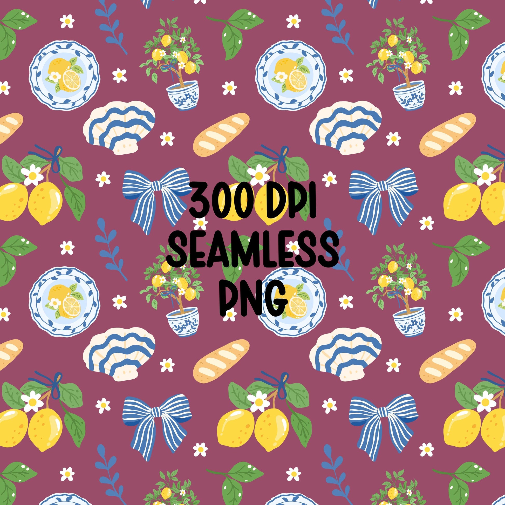Lemon Seamless Pattern PNG, Blue Bow Lemon Pattern, Cottagecore Lemon Digital Paper, Summer Lemon Print, 12x12 300 DPI