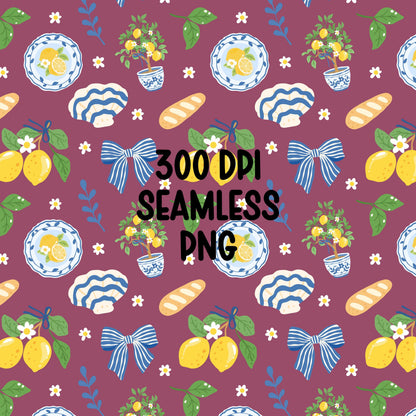 Lemon Seamless Pattern PNG, Blue Bow Lemon Pattern, Cottagecore Lemon Digital Paper, Summer Lemon Print, 12x12 300 DPI