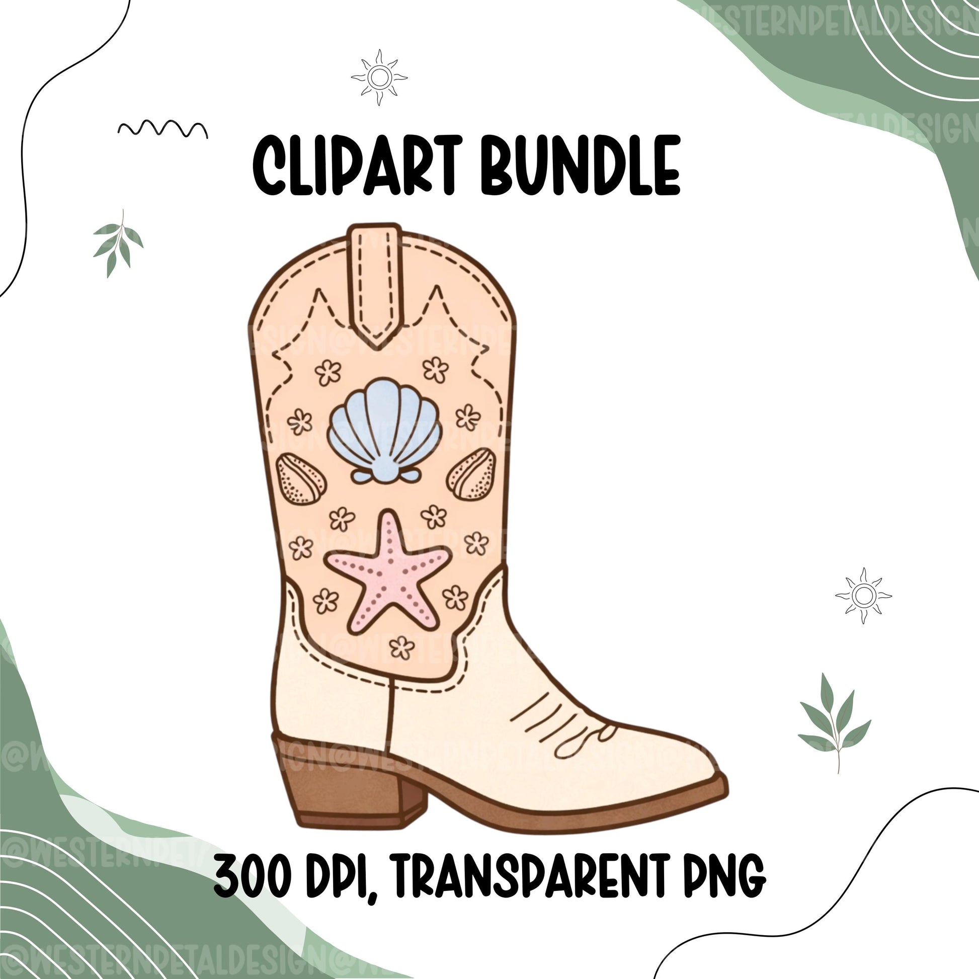 Coastal Cowgirl Clipart Bundle PNG | Western Beach Clipart, Seashell Cowgirl Graphics, Summer Western PNG, Surf Rodeo, Commercial Use