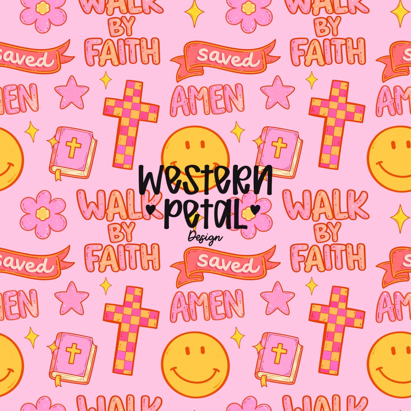 pink retro christian seamless pattern with crosses smiley faces amen walk by faith text and bible icons