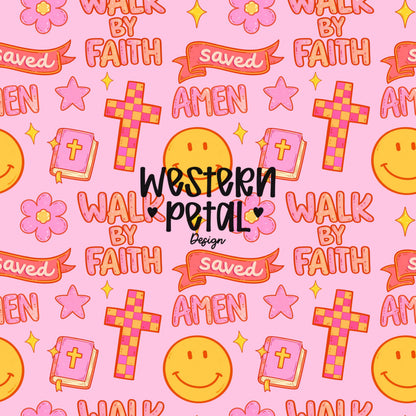 pink retro christian seamless pattern with crosses smiley faces amen walk by faith text and bible icons