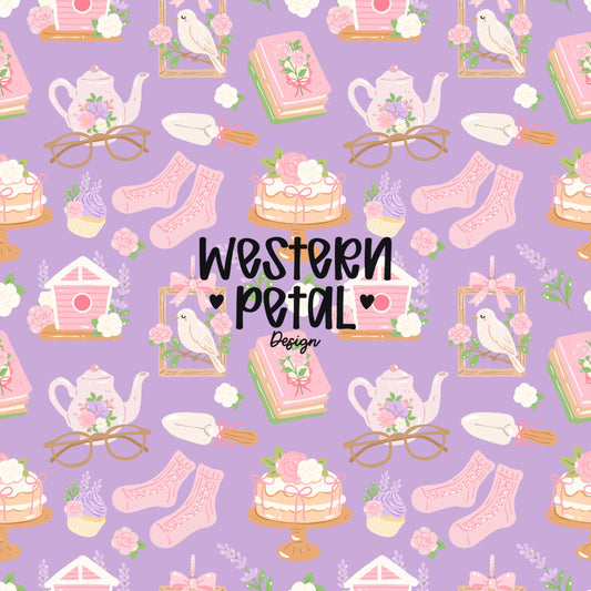 cottagecore seamless pattern with teapot cake flowers books birds and socks on purple background