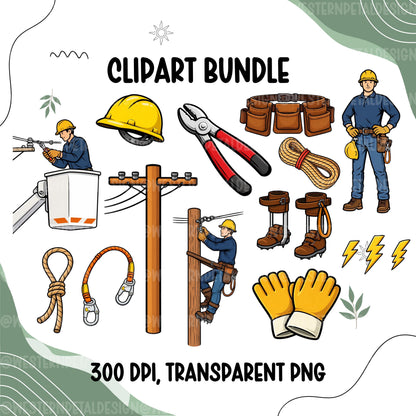 lineman clipart bundle electrician worker tools png utility worker pole climbing hard hat gloves rope pliers 300 dpi transparent background
