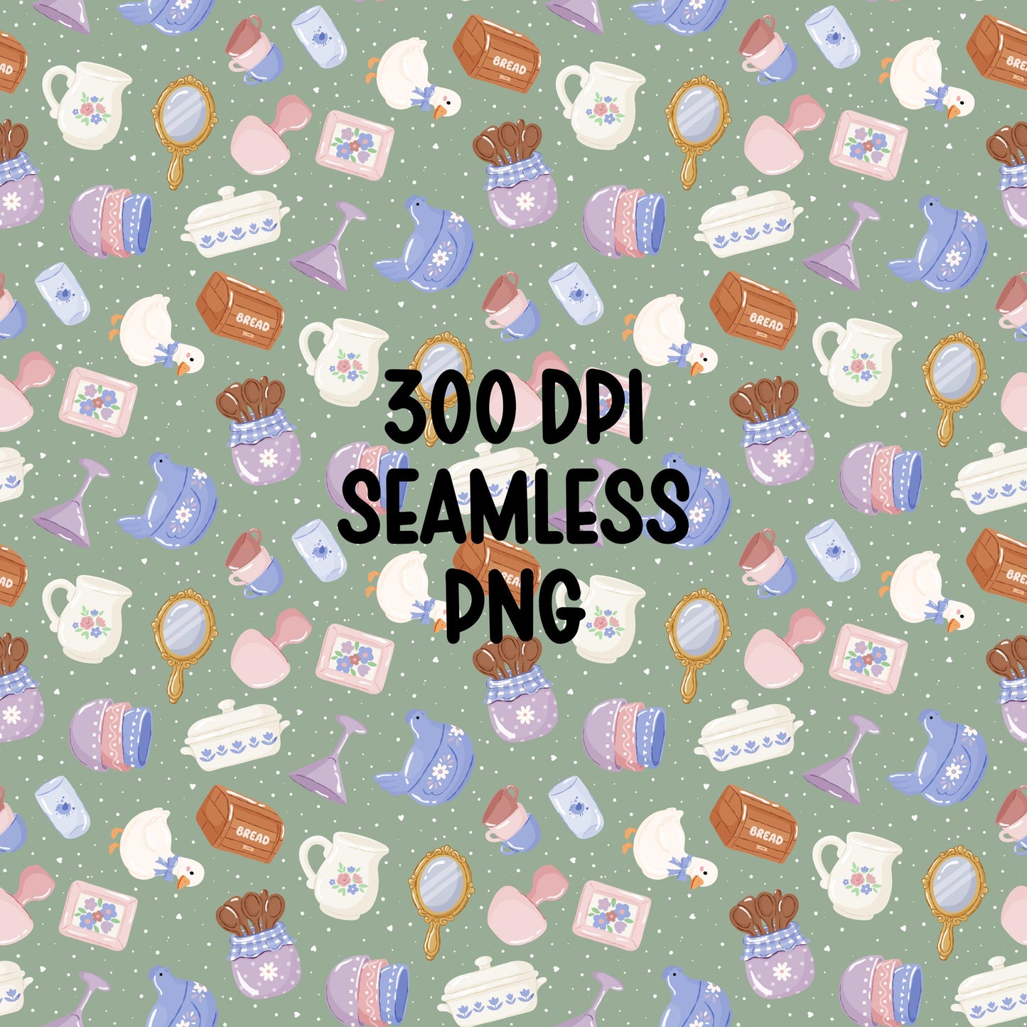 Vintage Thrift Aesthetic Seamless Pattern PNG, Cottagecore Kitchen Clipart, Retro Home Decor Pattern, Pastel Ducks Floral Pitcher Design