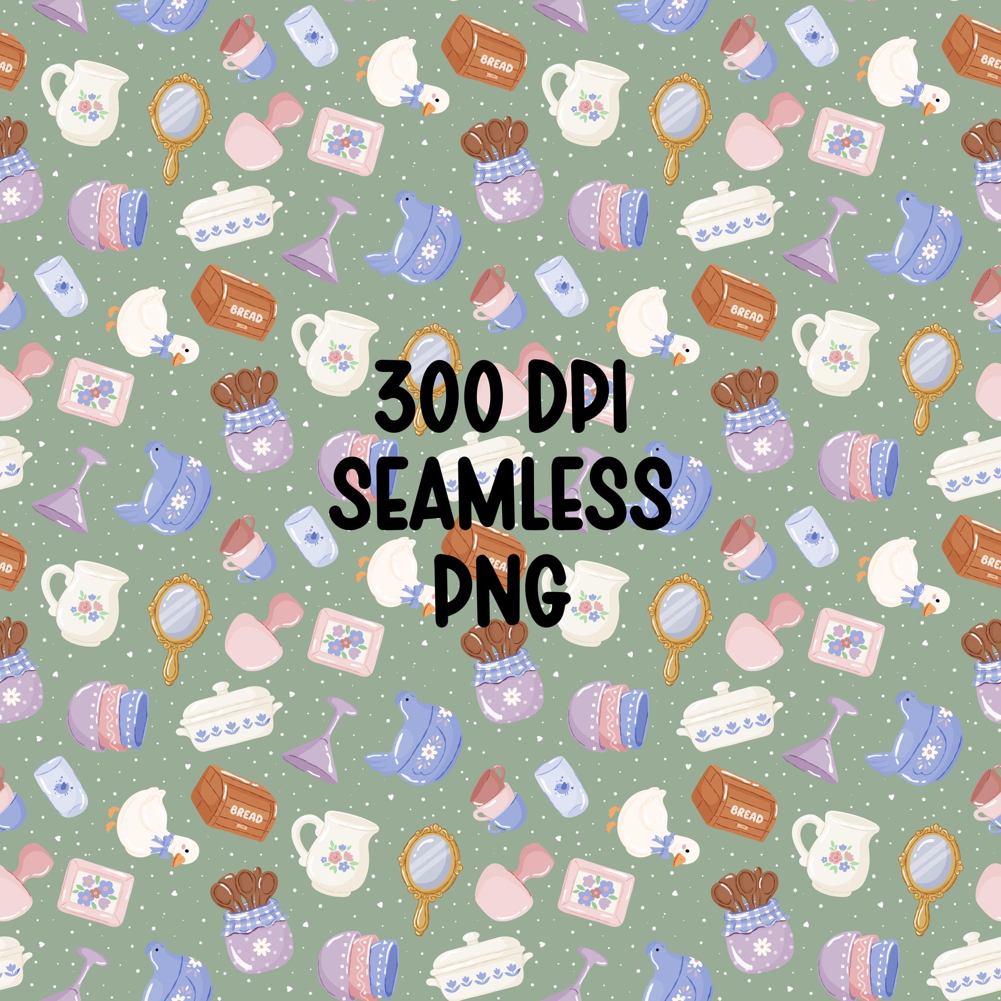 Vintage Thrift Aesthetic Seamless Pattern PNG, Cottagecore Kitchen Clipart, Retro Home Decor Pattern, Pastel Ducks Floral Pitcher Design
