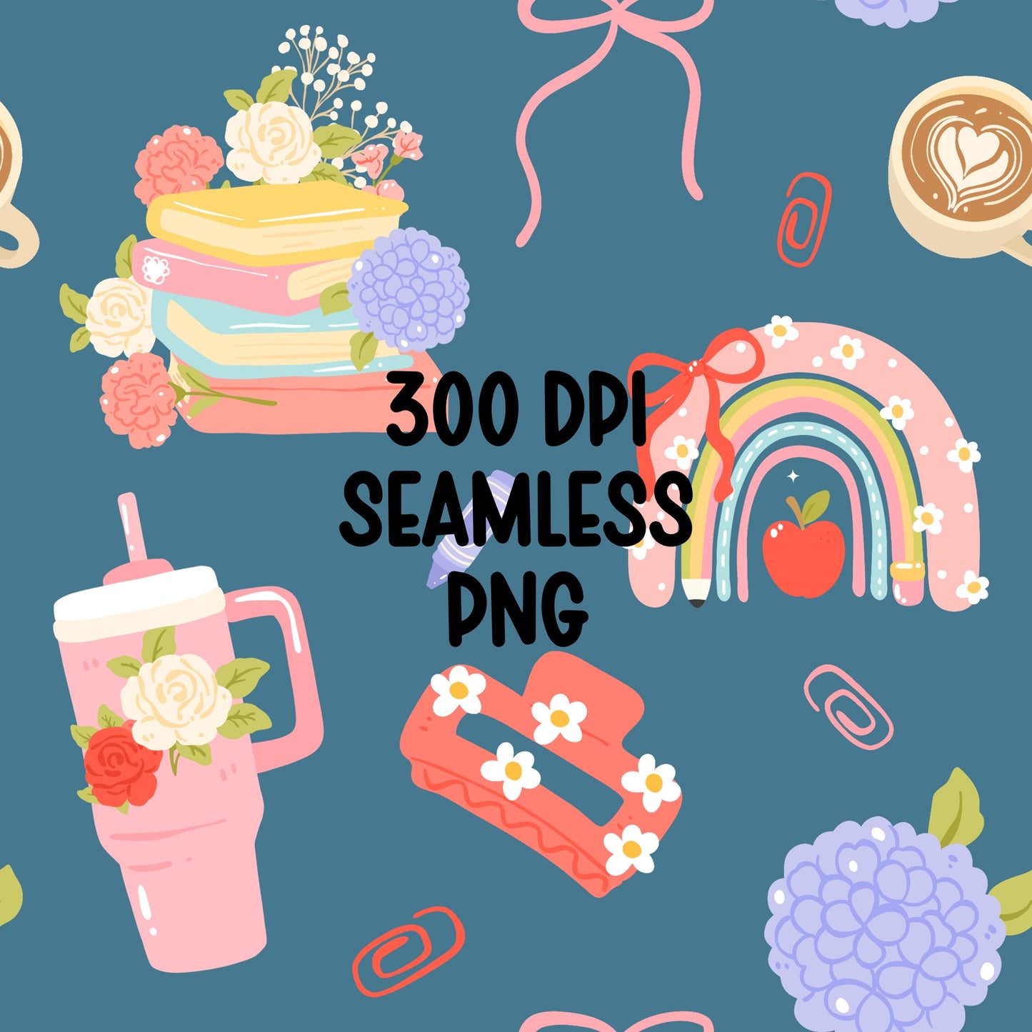 Teacher Seamless Pattern PNG, School Digital Paper, Back to School Pattern, Teacher Tumbler Wrap, Cute Book Coffee Floral Design