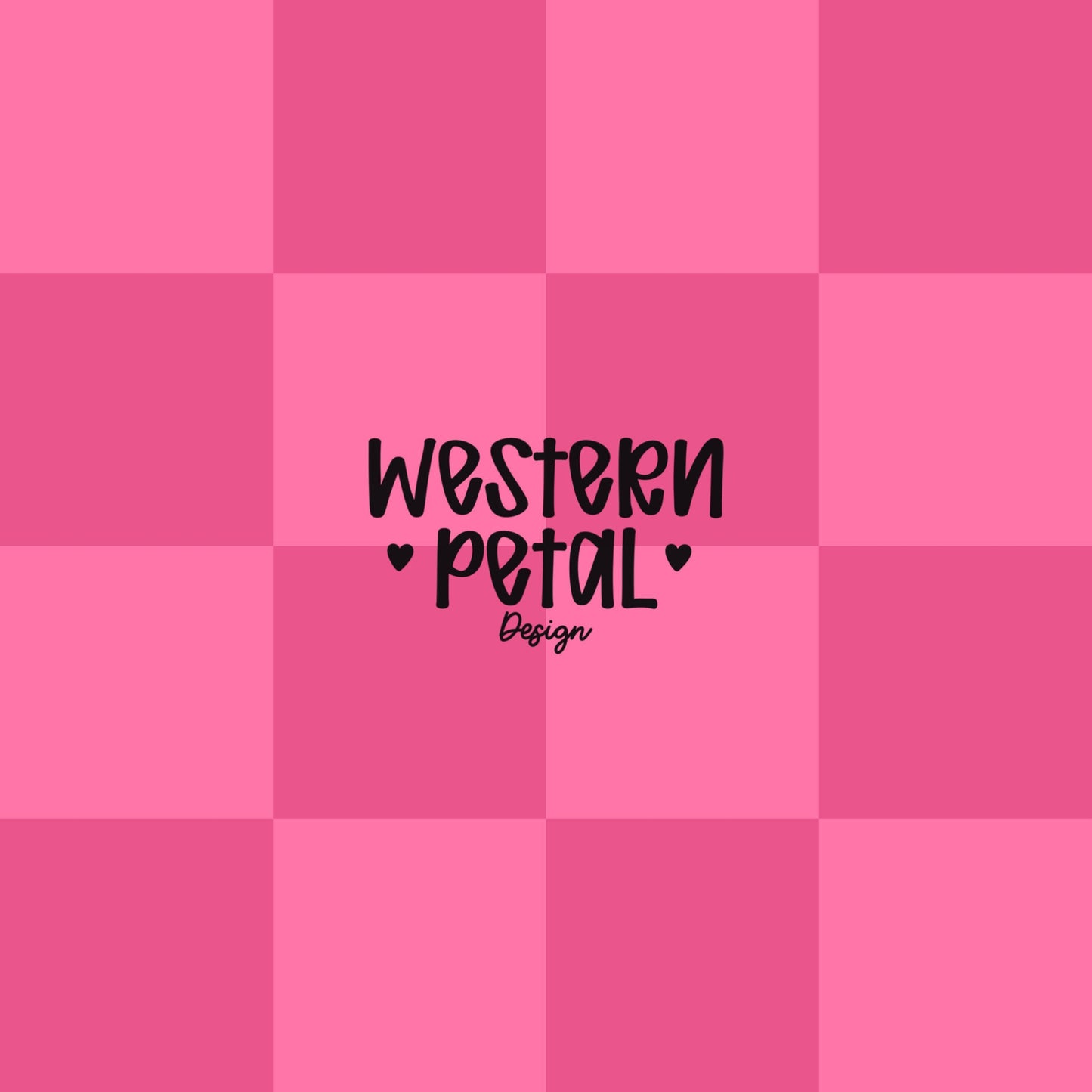 pink checkerboard pattern background with western petal design logo in hot pink and light pink squares