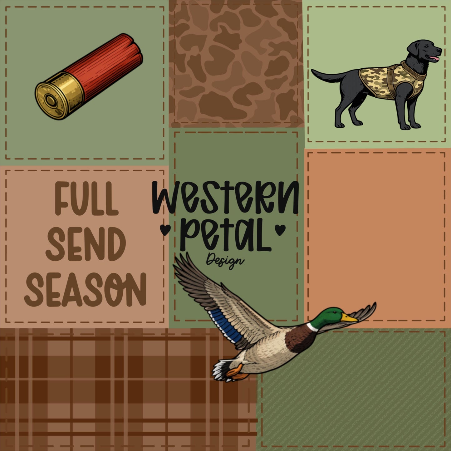 Duck hunting seamless pattern with mallard ducks, shotgun shells, camo lab dog, plaid and camo background, full send season text, rustic outdoor design