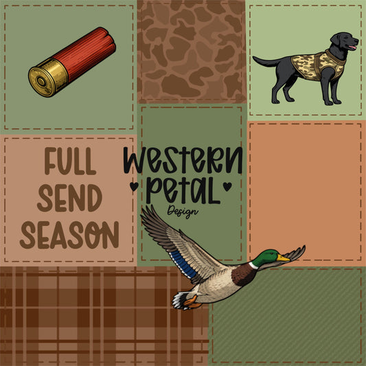 Duck hunting seamless pattern with mallard ducks, shotgun shells, camo lab dog, plaid and camo background, full send season text, rustic outdoor design