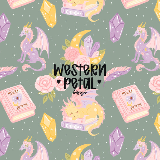 Fantasy dragon seamless pattern with pastel dragons, spell books, crystals, moons and flowers on sage green background