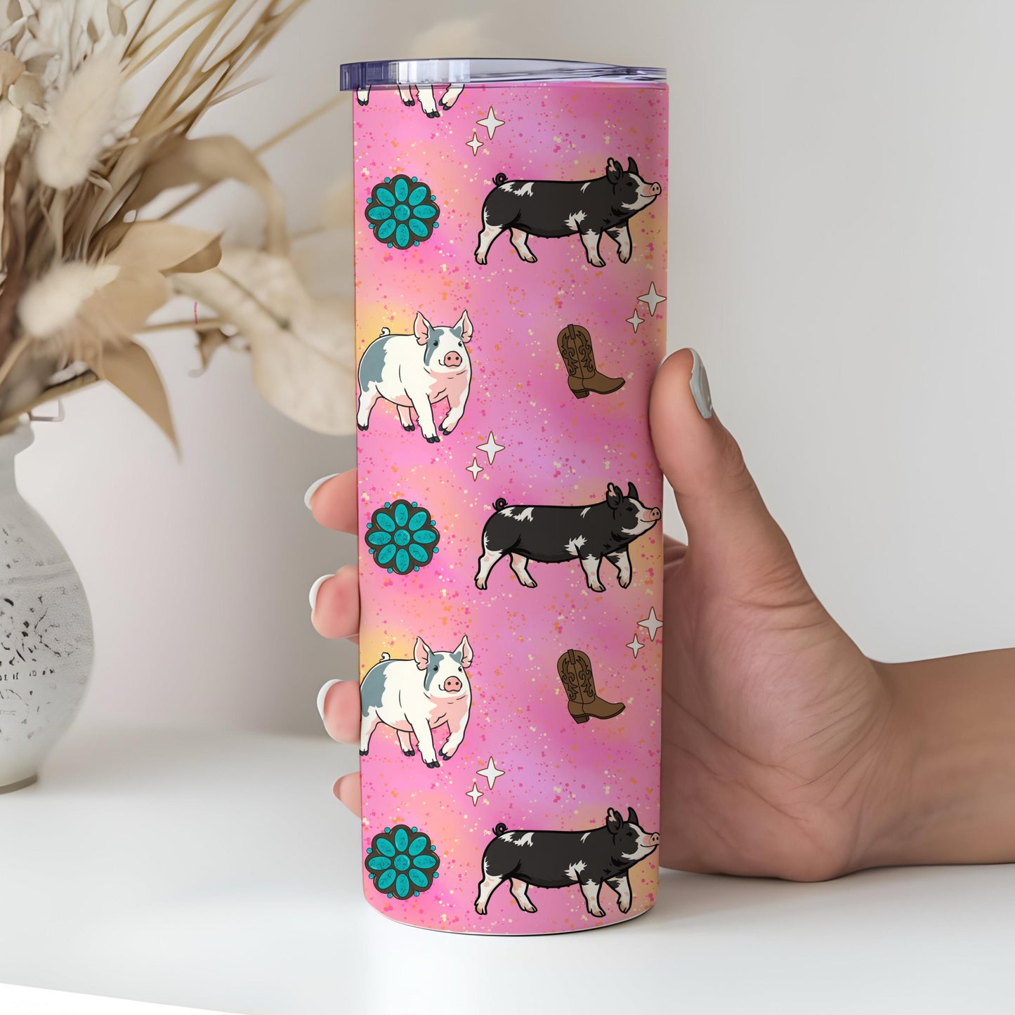 Show Pig Seamless Pattern PNG Pink Livestock Pig Western Boots Turquoise Concho Glitter Background 4H FFA 12x12 300 DPI