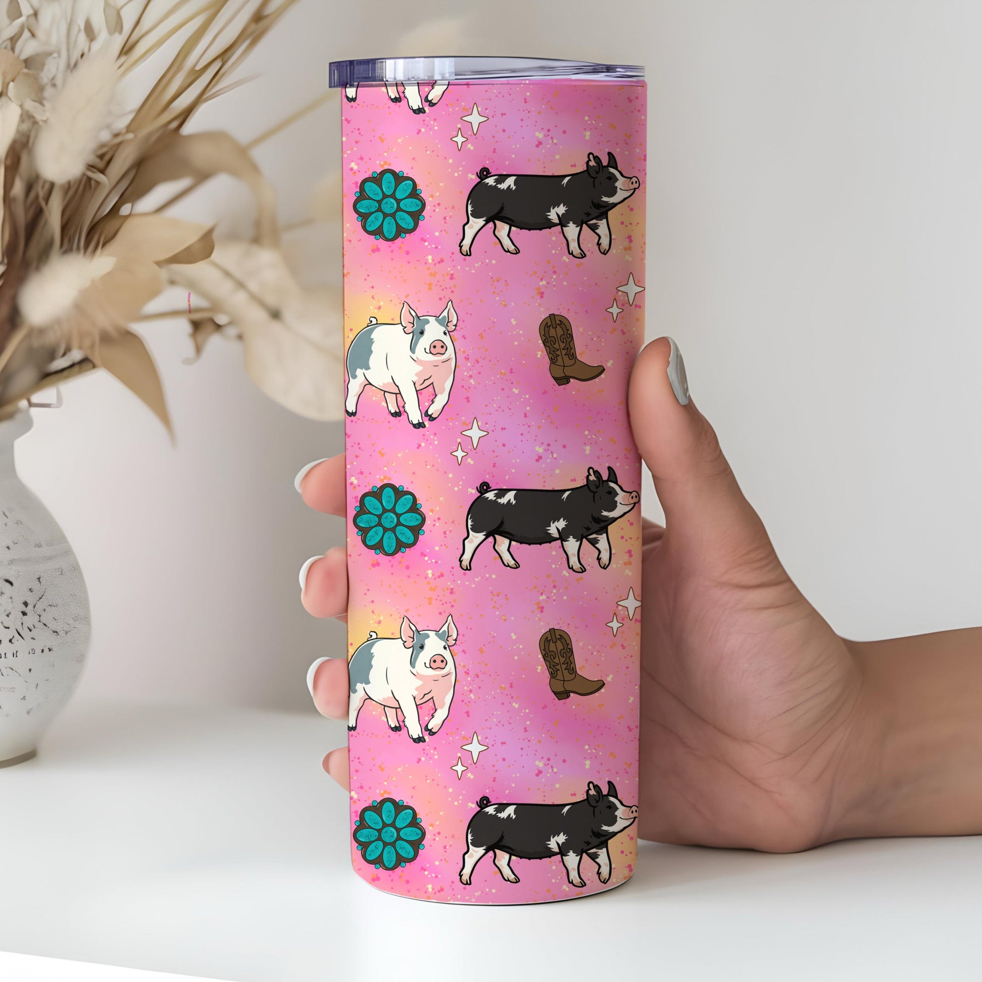 Show Pig Seamless Pattern PNG Pink Livestock Pig Western Boots Turquoise Concho Glitter Background 4H FFA 12x12 300 DPI