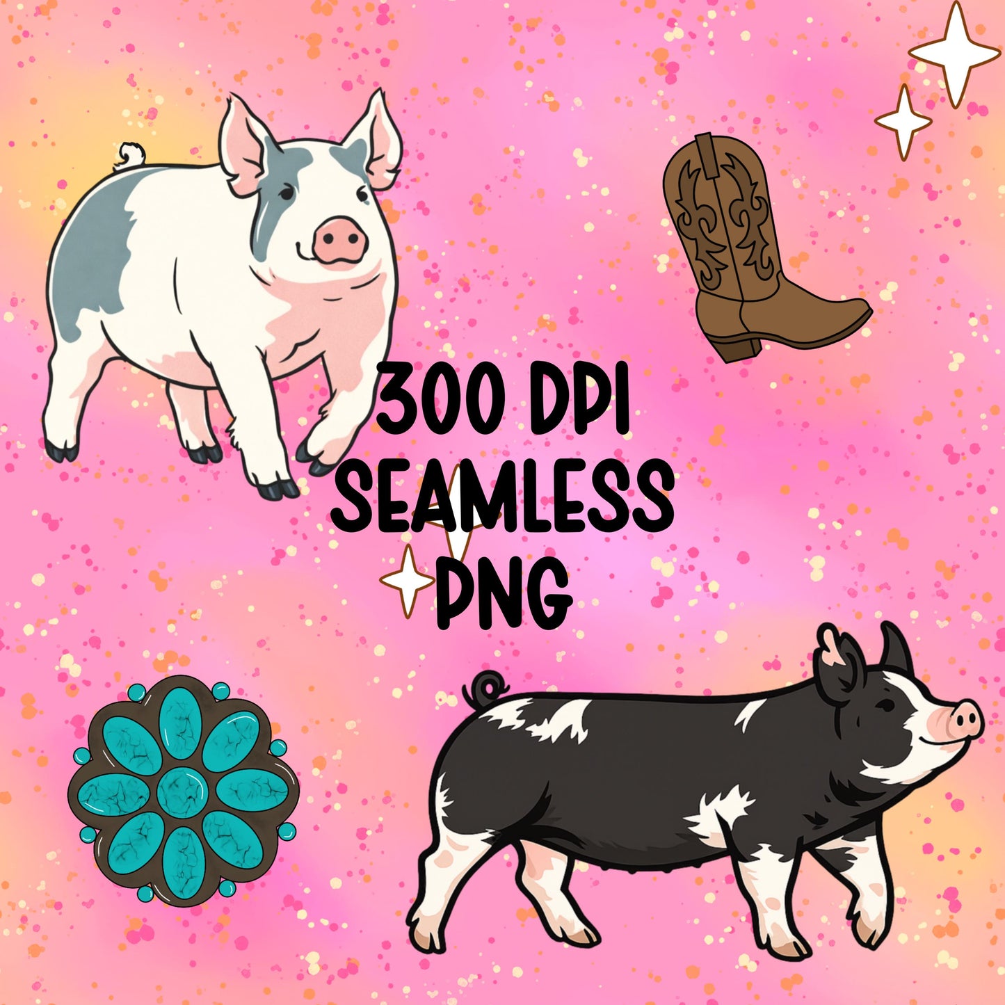 Show Pig Seamless Pattern PNG Pink Livestock Pig Western Boots Turquoise Concho Glitter Background 4H FFA 12x12 300 DPI