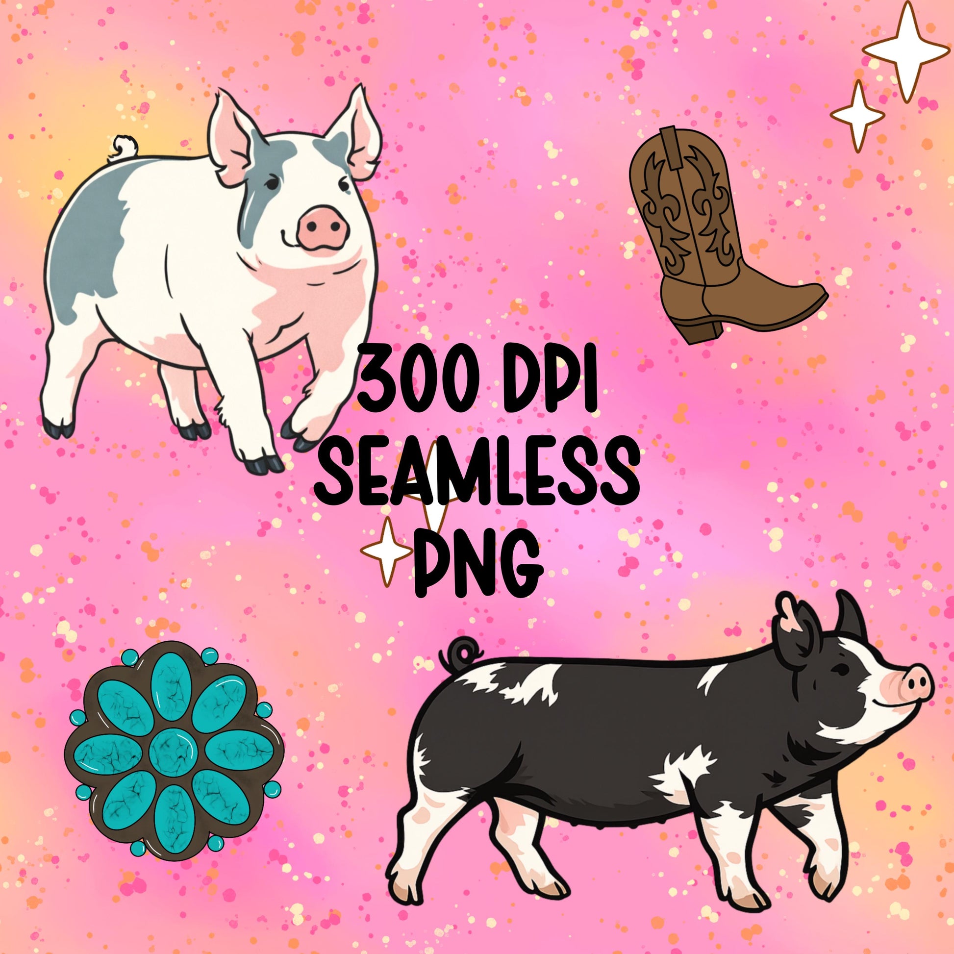Show Pig Seamless Pattern PNG Pink Livestock Pig Western Boots Turquoise Concho Glitter Background 4H FFA 12x12 300 DPI