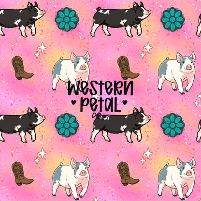 Show Pig Seamless Pattern PNG Pink Livestock Pig Western Boots Turquoise Concho Glitter Background 4H FFA 12x12 300 DPI
