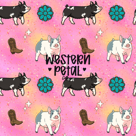 Show Pig Seamless Pattern PNG Pink Livestock Pig Western Boots Turquoise Concho Glitter Background 4H FFA 12x12 300 DPI