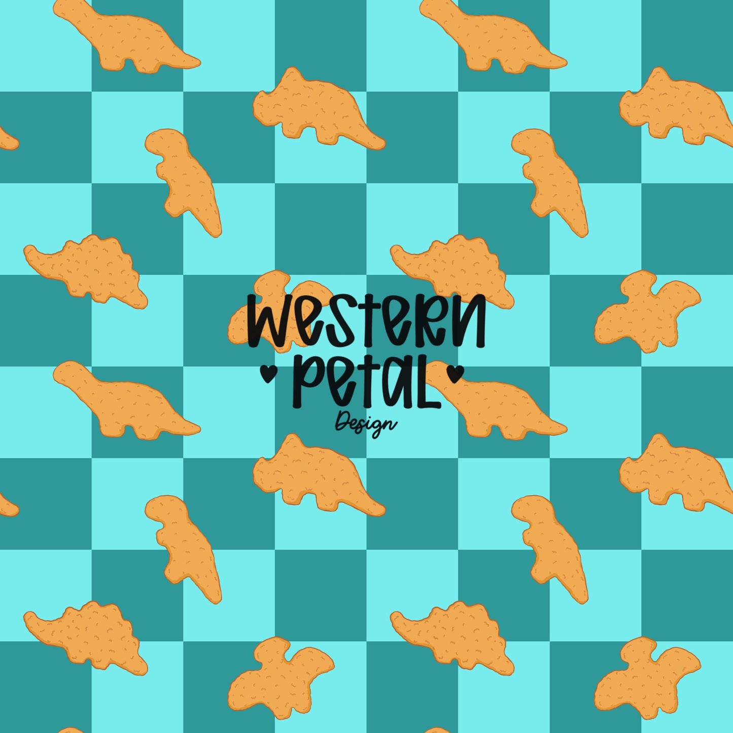 Dino Nugget Seamless Pattern PNG, Teal | Turquoise Checkerboard Dinosaur Chicken Nugget Food Digital Paper, Kids Snack Printable Background
