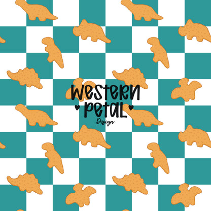 Dino Nugget Seamless Pattern PNG, Teal | Turquoise Checkerboard Dinosaur Chicken Nugget Food Digital Paper, Kids Snack Printable Background