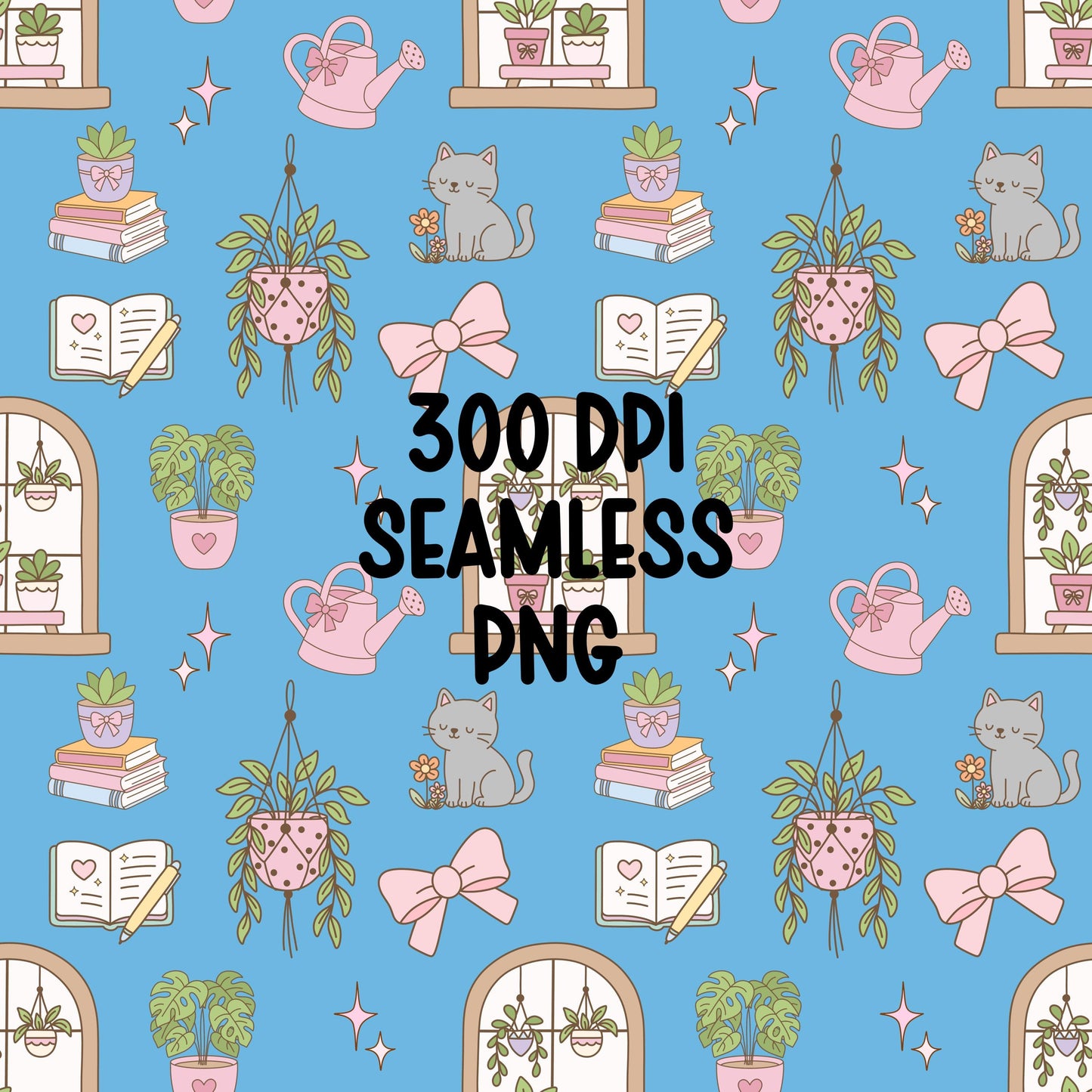 Houseplant Seamless Pattern PNG, Cottagecore Plant Digital Paper, Cozy Cat Books Pattern, Blue Botanical Design, 12x12 Sublimation Download