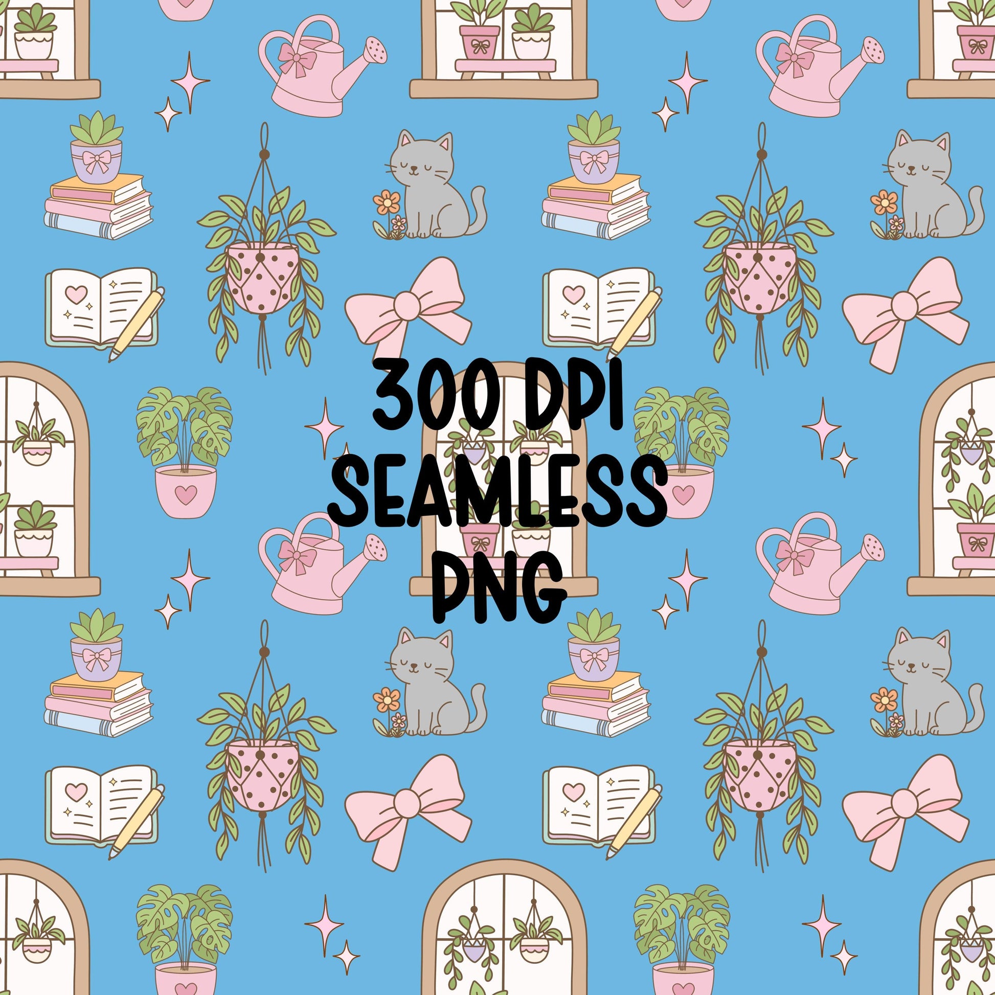 Houseplant Seamless Pattern PNG, Cottagecore Plant Digital Paper, Cozy Cat Books Pattern, Blue Botanical Design, 12x12 Sublimation Download