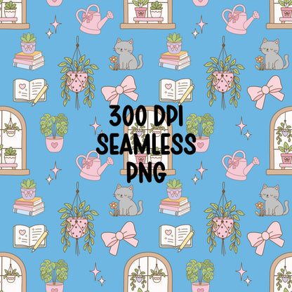 Houseplant Seamless Pattern PNG, Cottagecore Plant Digital Paper, Cozy Cat Books Pattern, Blue Botanical Design, 12x12 Sublimation Download