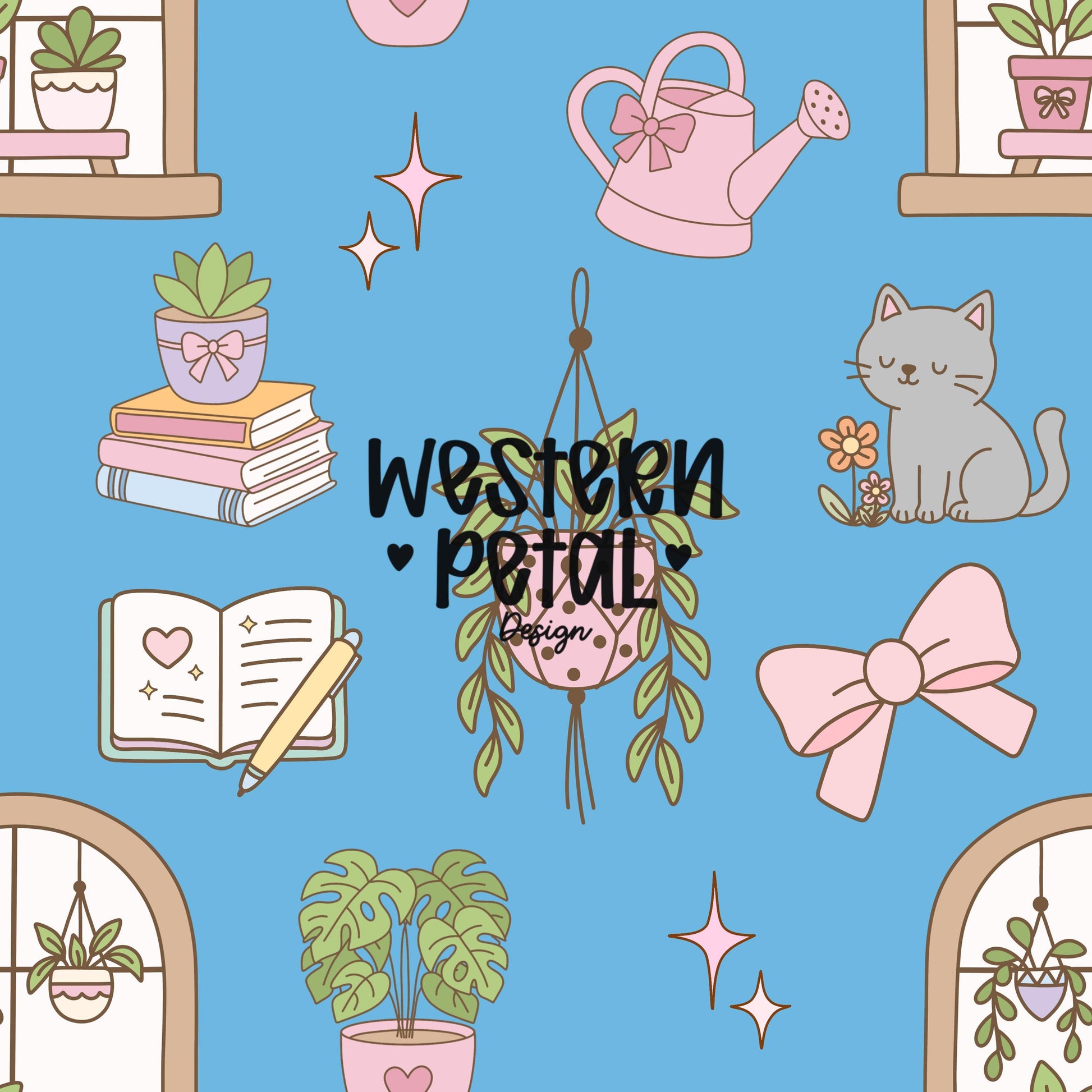 Houseplant Seamless Pattern PNG, Cottagecore Plant Digital Paper, Cozy Cat Books Pattern, Blue Botanical Design, 12x12 Sublimation Download