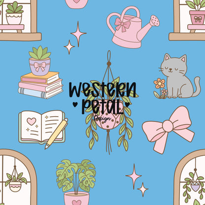 Houseplant Seamless Pattern PNG, Cottagecore Plant Digital Paper, Cozy Cat Books Pattern, Blue Botanical Design, 12x12 Sublimation Download