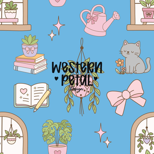 Houseplant Seamless Pattern PNG, Cottagecore Plant Digital Paper, Cozy Cat Books Pattern, Blue Botanical Design, 12x12 Sublimation Download