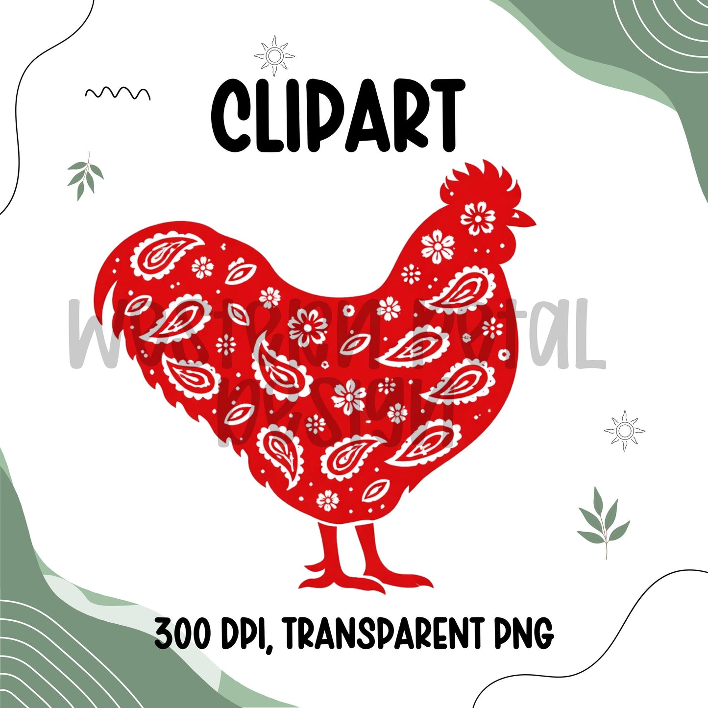 red bandana chicken clipart with paisley pattern farmhouse hen png western farm animal design transparent background