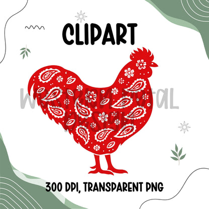 red bandana chicken clipart with paisley pattern farmhouse hen png western farm animal design transparent background