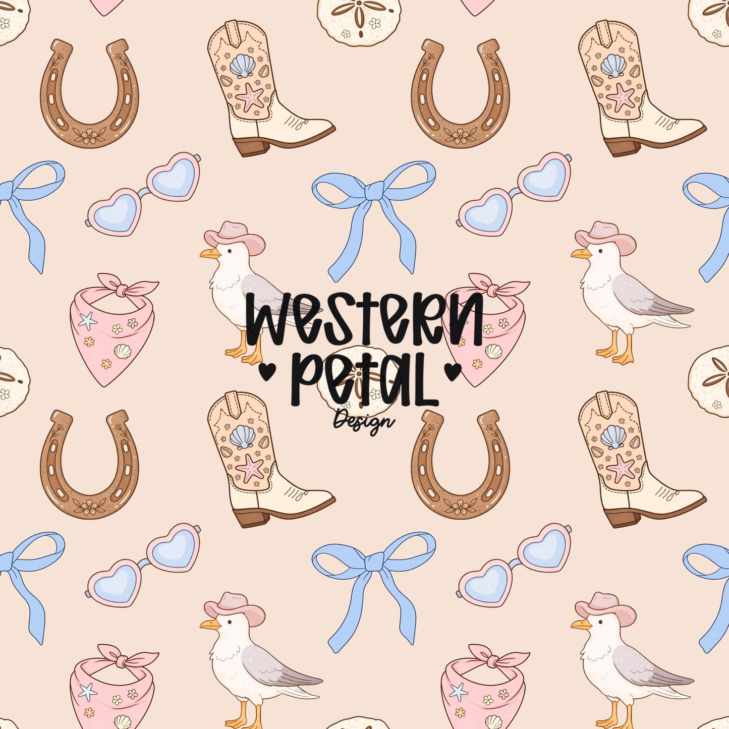 Coastal cowgirl seamless pattern with cowboy boots, horseshoes, bows, seagull with hat, heart sunglasses, shells in pink and blue aesthetic