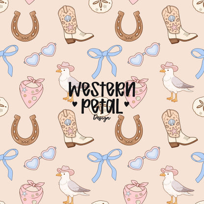 Coastal cowgirl seamless pattern with cowboy boots, horseshoes, bows, seagull with hat, heart sunglasses, shells in pink and blue aesthetic
