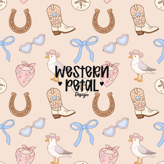 Coastal cowgirl seamless pattern with cowboy boots, horseshoes, bows, seagull with hat, heart sunglasses, shells in pink and blue aesthetic