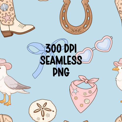 Coastal Cowgirl Seamless Pattern PNG, Western Beach Pattern, Cowboy Boot Bow Seashell Digital Paper, Summer Western Repeat Design