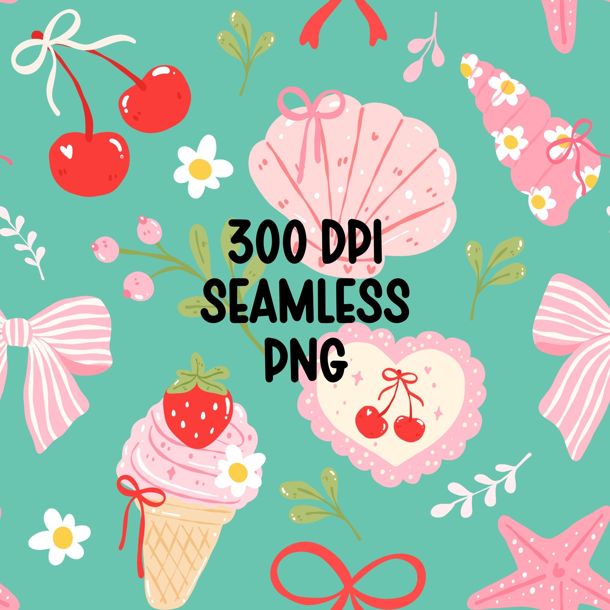 Coastal Coquette Seamless Pattern PNG, Cherry Bow Beach Pattern, Summer Girly Seashell Digital Paper, Strawberry Ice Cream Print, 12x12