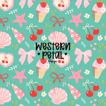 coastal coquette seamless pattern with bows cherries seashells strawberries and ice cream on teal background