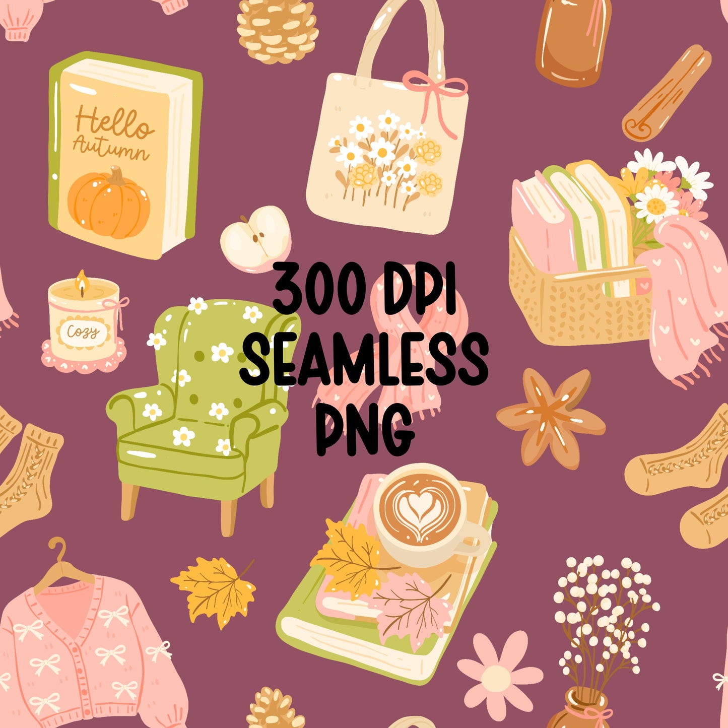 Cozy Autumn Seamless Pattern PNG, Fall Aesthetic Digital Paper, Pumpkin Books Sweater Pattern, Cute Fall Repeat Design, Commercial Use